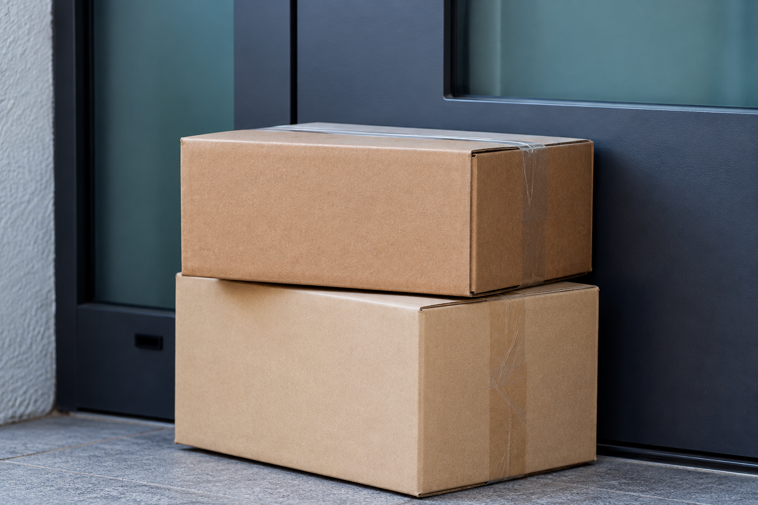 Plain brown shipping boxes on a doorstep